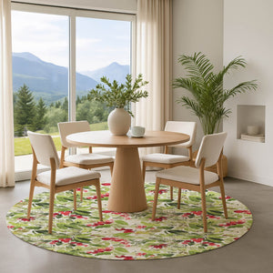 HomeRoots 8' Artichoke Green Red & Ivory Abstract Geometric Washable Round Rug - Durable, UV Protected & Stylish 701861