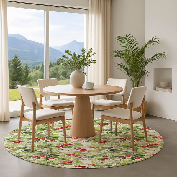 HomeRoots 8' Artichoke Green Red & Ivory Abstract Geometric Washable Round Rug - Durable, UV Protected & Stylish 701861