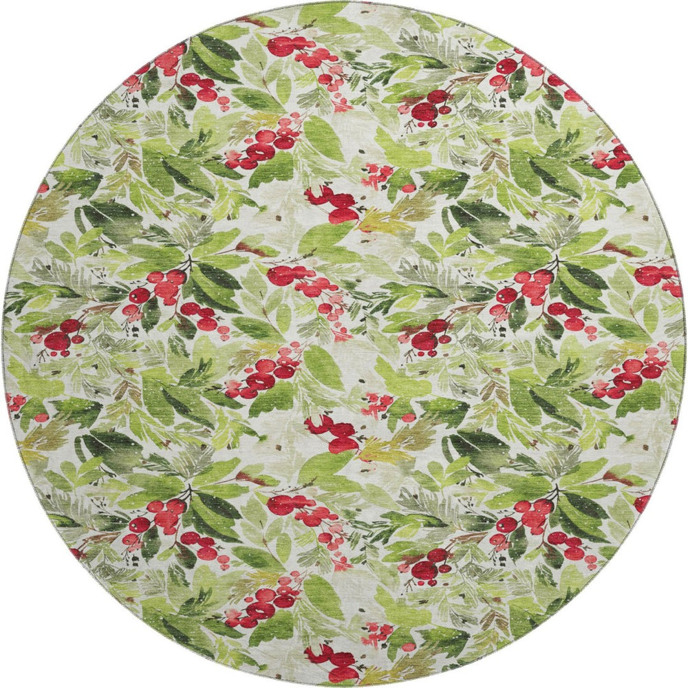 HomeRoots 8' Artichoke Green Red & Ivory Abstract Geometric Washable Round Rug - Durable, UV Protected & Stylish 701861