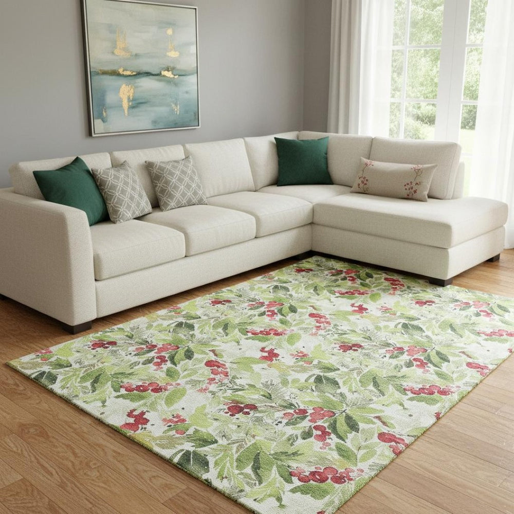 HomeRoots 8' X 10' Abstract Geometric Area Rug in Artichoke Green, Red & Ivory – Washable, UV Protected, Stylish! 701862