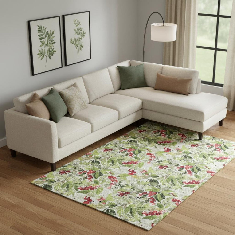 HomeRoots 9' Abstract Geometric Area Rug in Artichoke Green, Red & Ivory - Durable, Washable & UV Protected! 701863