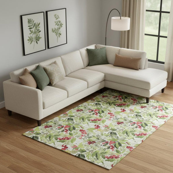 HomeRoots 9' Abstract Geometric Area Rug in Artichoke Green, Red & Ivory - Durable, Washable & UV Protected! 701863