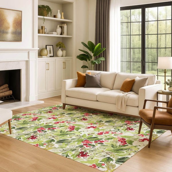 HomeRoots 9' Abstract Geometric Area Rug in Artichoke Green, Red & Ivory - Durable, Washable & UV Protected! 701863