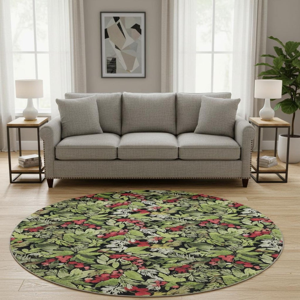 HomeRoots 8' Modern Abstract Geometric Round Rug in Black, Red & Green - Washable, Stain Resistant & UV-Protected! 701867