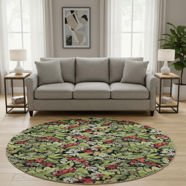 HomeRoots 8' Modern Abstract Geometric Round Rug in Black, Red & Green - Washable, Stain Resistant & UV-Protected! 701867