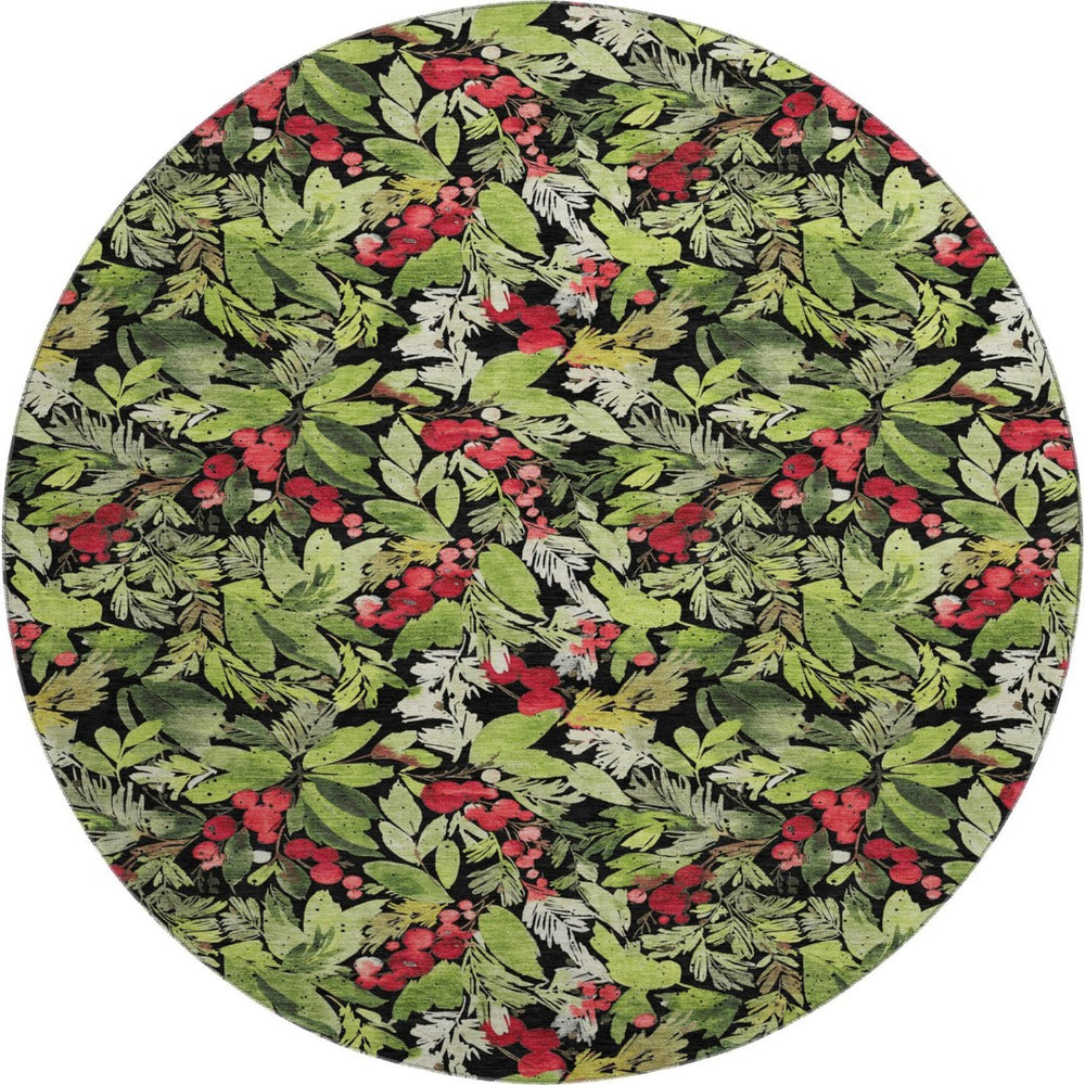 HomeRoots 8' Modern Abstract Geometric Round Rug in Black, Red & Green - Washable, Stain Resistant & UV-Protected! 701867