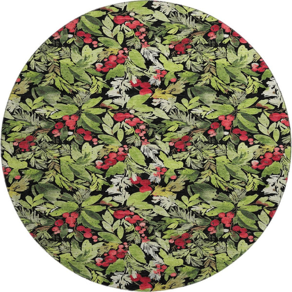 HomeRoots 8' Modern Abstract Geometric Round Rug in Black, Red & Green - Washable, Stain Resistant & UV-Protected! 701867