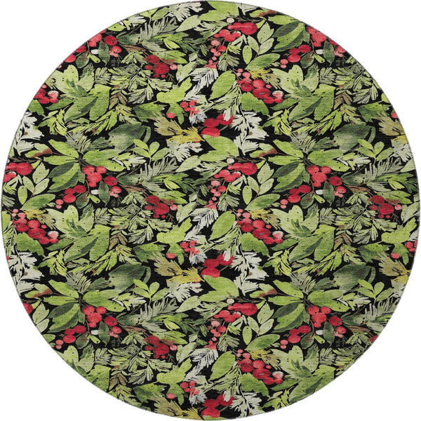 HomeRoots 8' Modern Abstract Geometric Round Rug in Black, Red & Green - Washable, Stain Resistant & UV-Protected! 701867