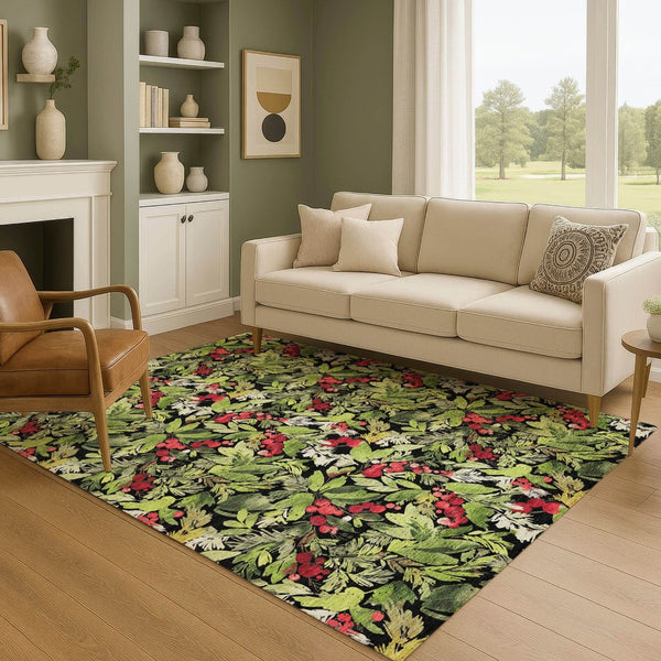 HomeRoots 9' Abstract Geometric Area Rug in Bold Black, Red & Green – Washable, UV Protected & Stain Resistant! 701869