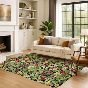 HomeRoots 10' Contemporary Abstract Geometric Area Rug in Black, Red & Green - Washable, UV Protected, Durable Design 701870