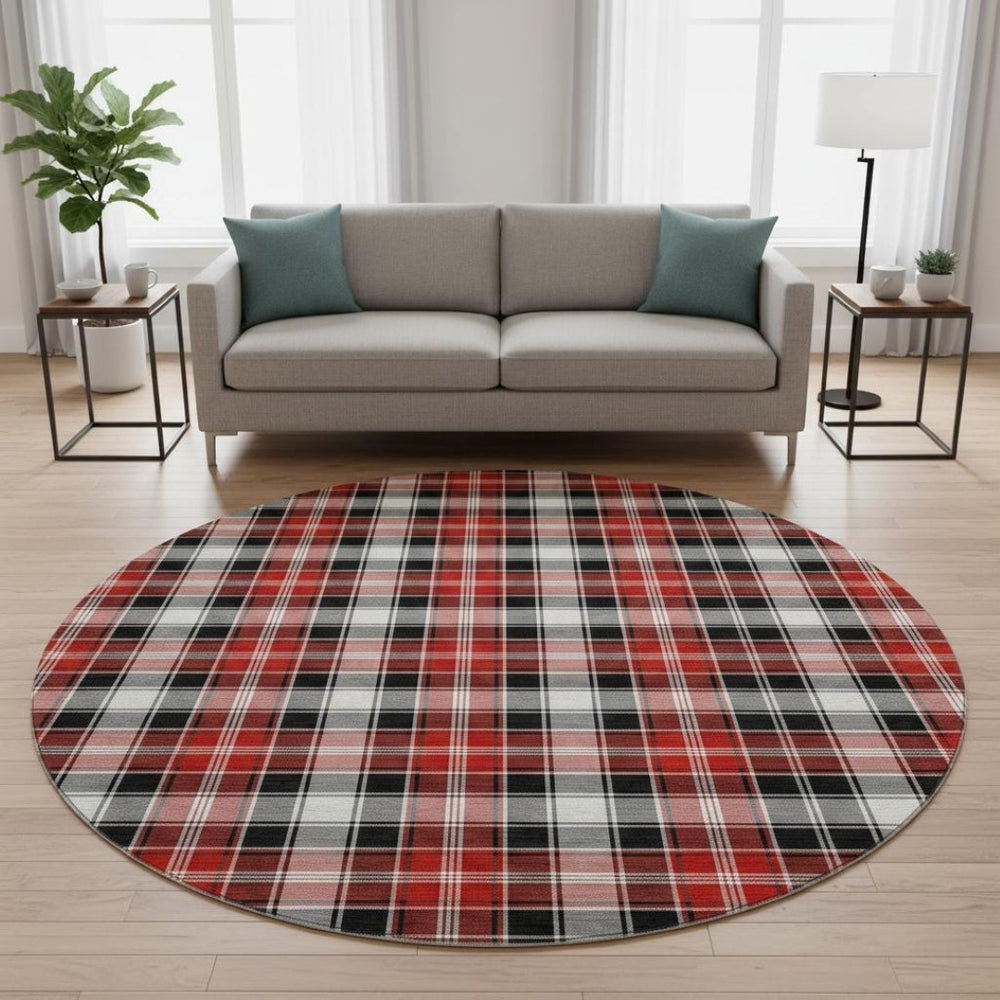 HomeRoots 8' Black Red and White Abstract Geometric Washable Round Rug – Stylish, Durable, UV Protected Design 701873