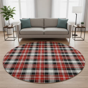 HomeRoots 8' Black Red and White Abstract Geometric Washable Round Rug – Stylish, Durable, UV Protected Design 701873