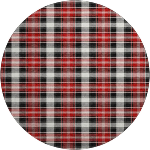HomeRoots 8' Black Red and White Abstract Geometric Washable Round Rug – Stylish, Durable, UV Protected Design 701873