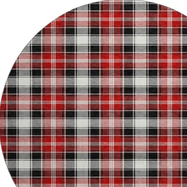 HomeRoots 8' Black Red and White Abstract Geometric Washable Round Rug – Stylish, Durable, UV Protected Design 701873