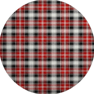 HomeRoots 8' Black Red and White Abstract Geometric Washable Round Rug – Stylish, Durable, UV Protected Design 701873
