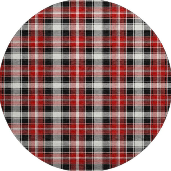 HomeRoots 8' Black Red and White Abstract Geometric Washable Round Rug – Stylish, Durable, UV Protected Design 701873
