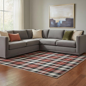 HomeRoots 8' X 10' Stylish Black, Red & White Geometric Washable Area Rug with UV Protection for Modern Homes 701874
