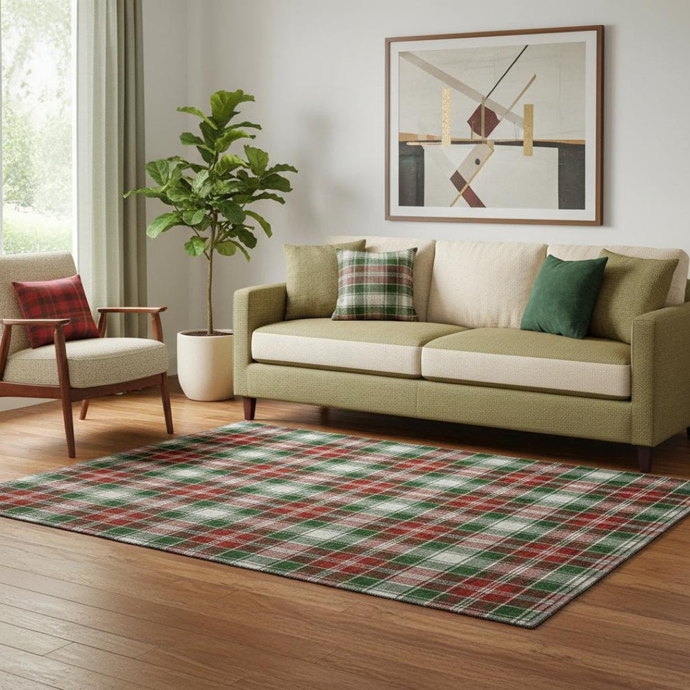 HomeRoots 5' X 8' Abstract Geometric Area Rug in Emerald, Red, and Green - Washable, UV Protected, Non-Slip! 701878