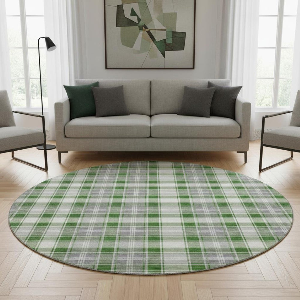 HomeRoots 8' Abstract Geometric Round Rug in Green, Gray & Ivory - Washable, UV-Protected, Stain-Resistant Design 701885