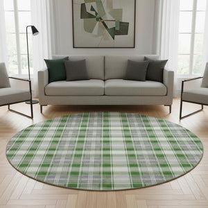 HomeRoots 8' Abstract Geometric Round Rug in Green, Gray & Ivory - Washable, UV-Protected, Stain-Resistant Design 701885