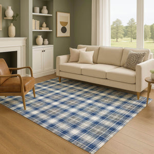 HomeRoots 5' X 8' Navy Blue, Ivory & Gray Abstract Geometric Rug - Washable, UV Protected, Durable & Stylish 701890