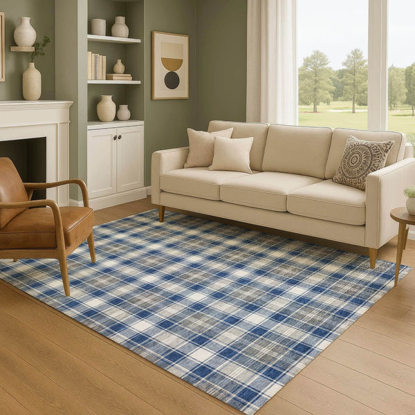 HomeRoots 5' X 8' Navy Blue, Ivory & Gray Abstract Geometric Rug - Washable, UV Protected, Durable & Stylish 701890
