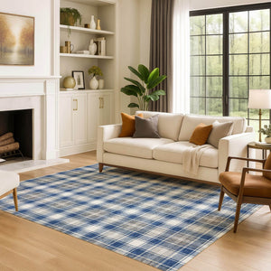 HomeRoots 5' X 8' Navy Blue, Ivory & Gray Abstract Geometric Rug - Washable, UV Protected, Durable & Stylish 701890