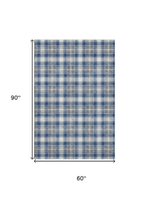 HomeRoots 5' X 8' Navy Blue, Ivory & Gray Abstract Geometric Rug - Washable, UV Protected, Durable & Stylish 701890