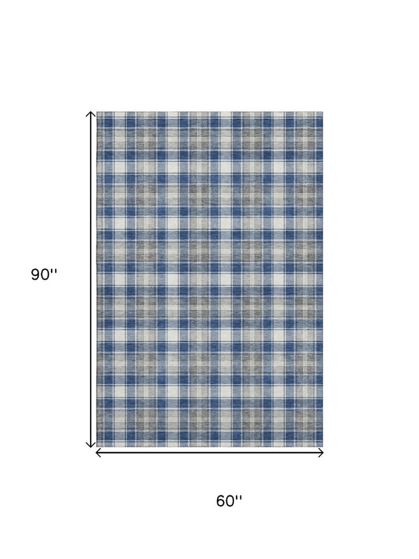 HomeRoots 5' X 8' Navy Blue, Ivory & Gray Abstract Geometric Rug - Washable, UV Protected, Durable & Stylish 701890