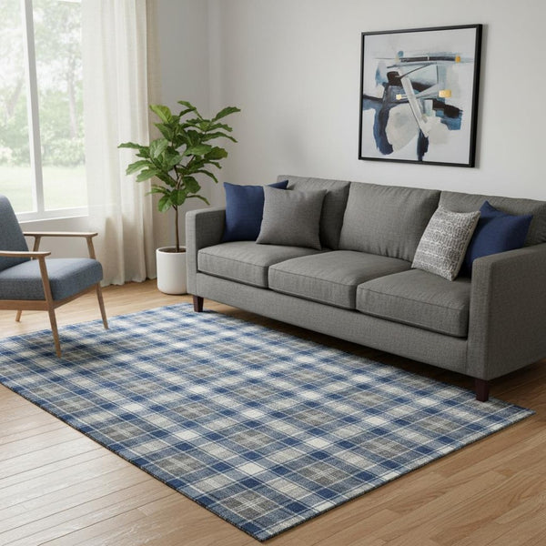 HomeRoots 5' X 8' Navy Blue, Ivory & Gray Abstract Geometric Rug - Washable, UV Protected, Durable & Stylish 701890
