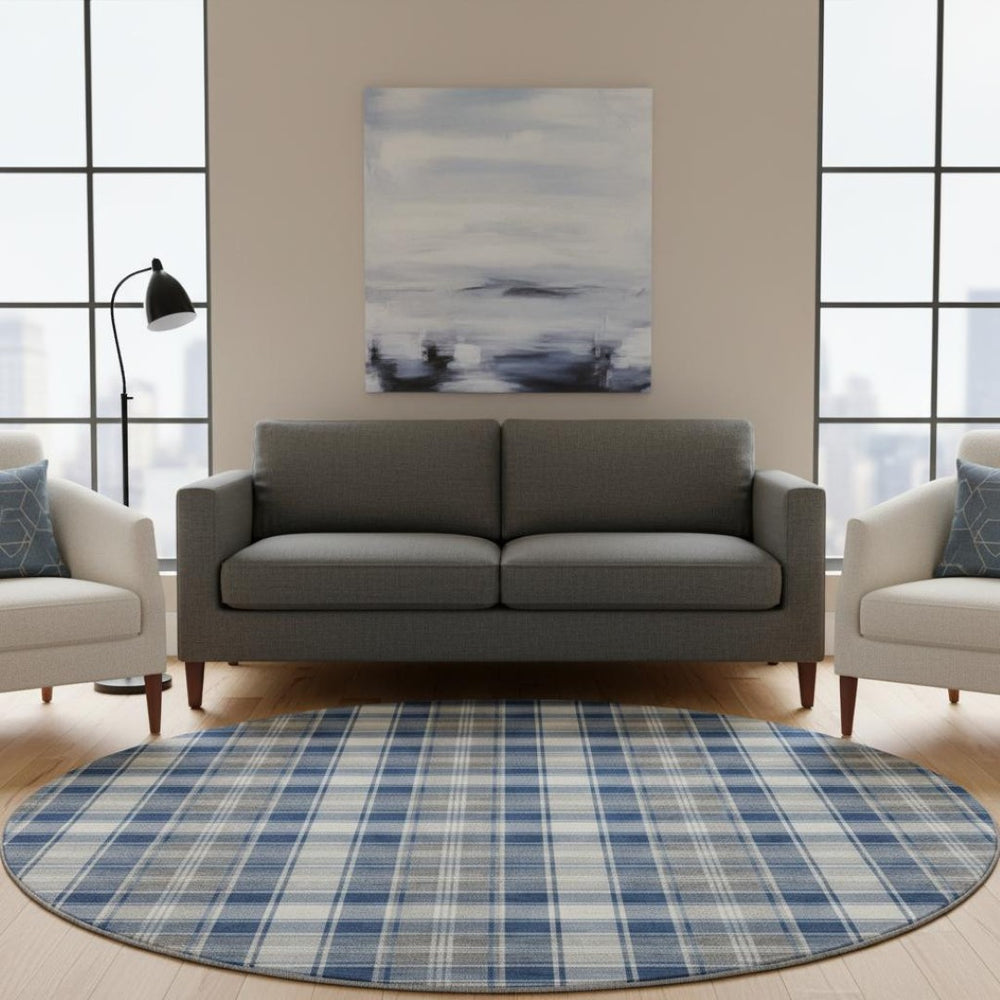 HomeRoots 8' Washable Navy Blue, Ivory & Gray Abstract Geometric Round Rug with UV Protection for High-Traffic Areas 701891