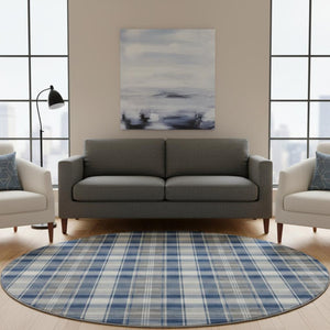 HomeRoots 8' Washable Navy Blue, Ivory & Gray Abstract Geometric Round Rug with UV Protection for High-Traffic Areas 701891