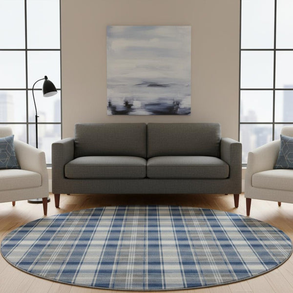 HomeRoots 8' Washable Navy Blue, Ivory & Gray Abstract Geometric Round Rug with UV Protection for High-Traffic Areas 701891