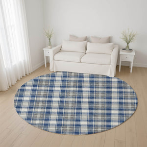 HomeRoots 8' Washable Navy Blue, Ivory & Gray Abstract Geometric Round Rug with UV Protection for High-Traffic Areas 701891