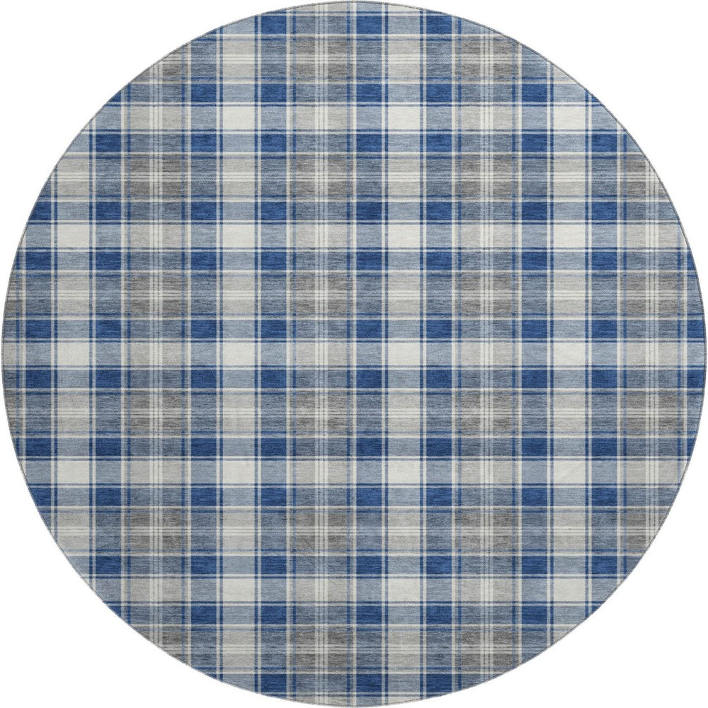 HomeRoots 8' Washable Navy Blue, Ivory & Gray Abstract Geometric Round Rug with UV Protection for High-Traffic Areas 701891