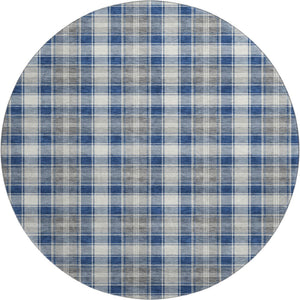HomeRoots 8' Washable Navy Blue, Ivory & Gray Abstract Geometric Round Rug with UV Protection for High-Traffic Areas 701891
