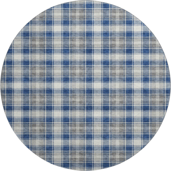 HomeRoots 8' Washable Navy Blue, Ivory & Gray Abstract Geometric Round Rug with UV Protection for High-Traffic Areas 701891