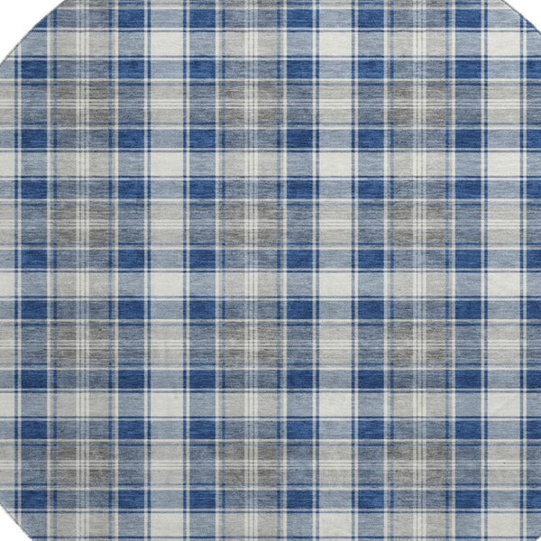HomeRoots 8' Washable Navy Blue, Ivory & Gray Abstract Geometric Round Rug with UV Protection for High-Traffic Areas 701891