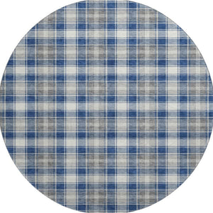 HomeRoots 8' Washable Navy Blue, Ivory & Gray Abstract Geometric Round Rug with UV Protection for High-Traffic Areas 701891