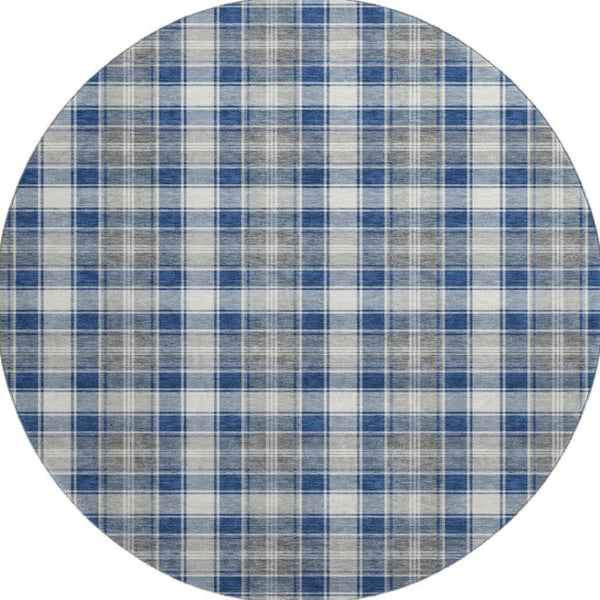 HomeRoots 8' Washable Navy Blue, Ivory & Gray Abstract Geometric Round Rug with UV Protection for High-Traffic Areas 701891