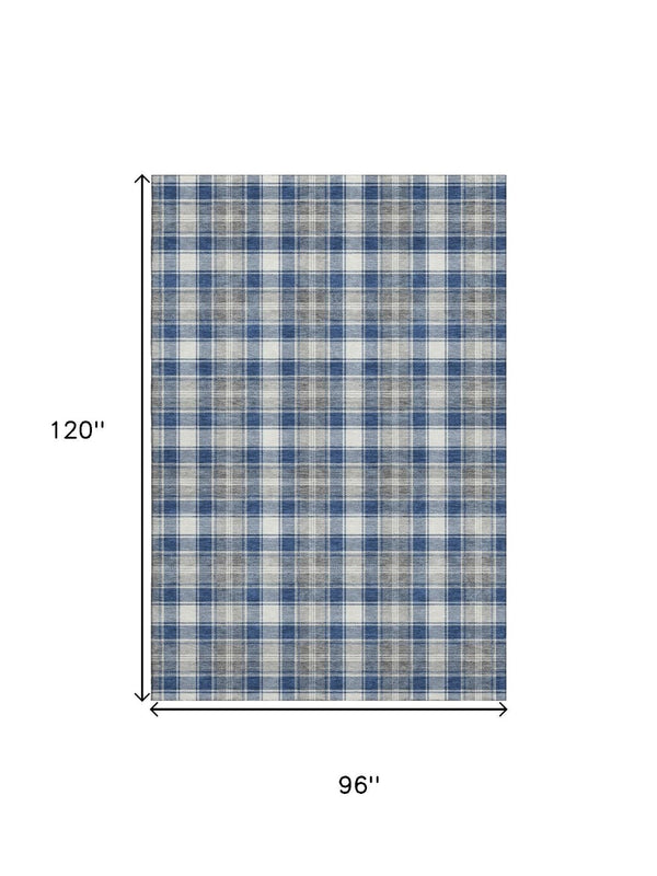 HomeRoots 8' X 10' Navy Blue Ivory Gray Abstract Area Rug - Washable, UV-Protected, Durable, Non-Slip Design 701892