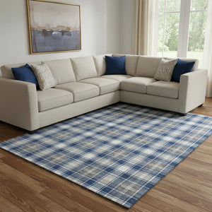 HomeRoots 8' X 10' Navy Blue Ivory Gray Abstract Area Rug - Washable, UV-Protected, Durable, Non-Slip Design 701892
