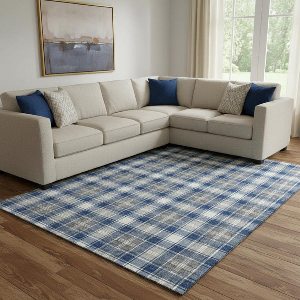 HomeRoots 8' X 10' Navy Blue Ivory Gray Abstract Area Rug - Washable, UV-Protected, Durable, Non-Slip Design 701892