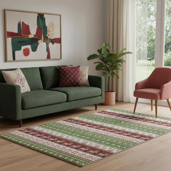 HomeRoots 5' X 8' Washable Area Rug in Green, Ivory & Red - Abstract Geometric Design with UV Protection 701896