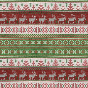 HomeRoots 5' X 8' Washable Area Rug in Green, Ivory & Red - Abstract Geometric Design with UV Protection 701896