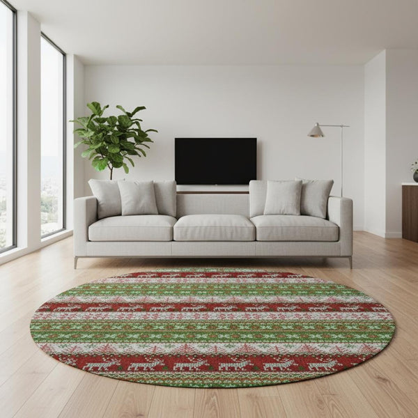 HomeRoots 8' Stylish Green, Ivory & Red Abstract Geometric Washable Round Rug with UV Protection & Non-Slip Backing 701897