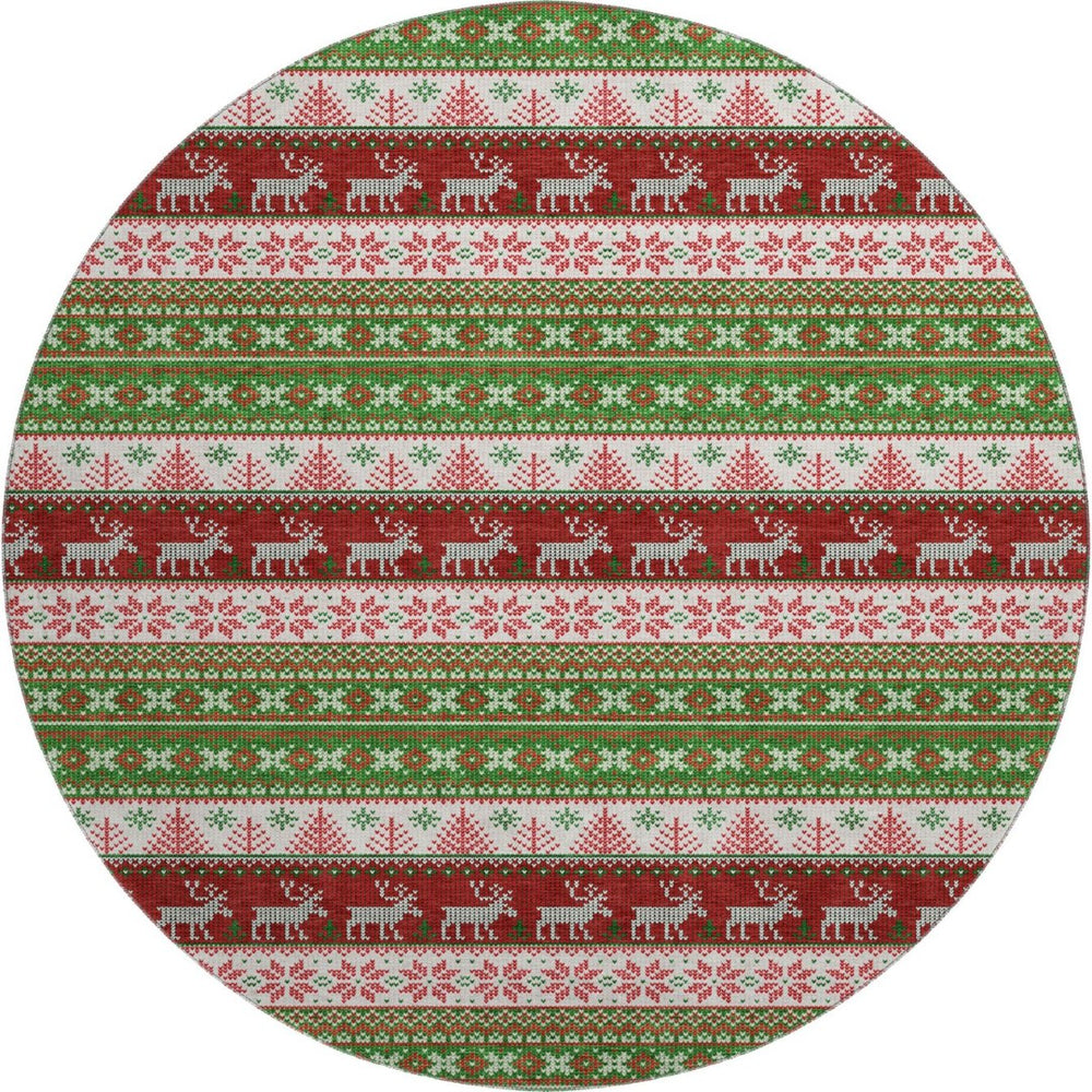 HomeRoots 8' Stylish Green, Ivory & Red Abstract Geometric Washable Round Rug with UV Protection & Non-Slip Backing 701897