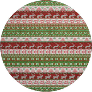 HomeRoots 8' Stylish Green, Ivory & Red Abstract Geometric Washable Round Rug with UV Protection & Non-Slip Backing 701897