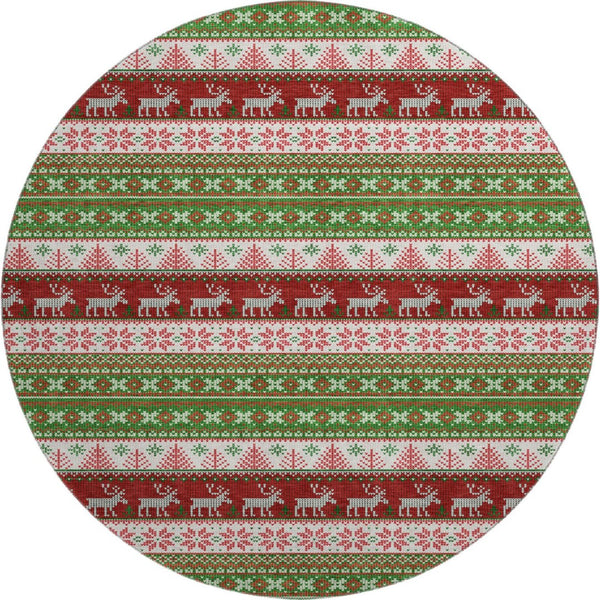 HomeRoots 8' Stylish Green, Ivory & Red Abstract Geometric Washable Round Rug with UV Protection & Non-Slip Backing 701897