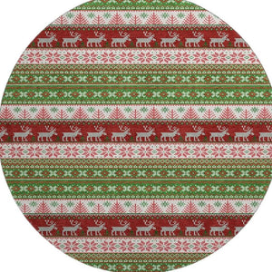 HomeRoots 8' Stylish Green, Ivory & Red Abstract Geometric Washable Round Rug with UV Protection & Non-Slip Backing 701897